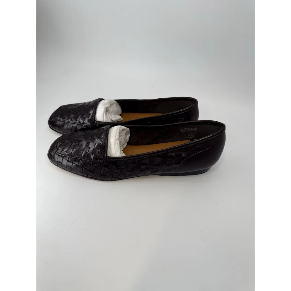 Enzo Angiolini Women's Brown Woven Leather Square Toe Slip-On Loafers 7.5M